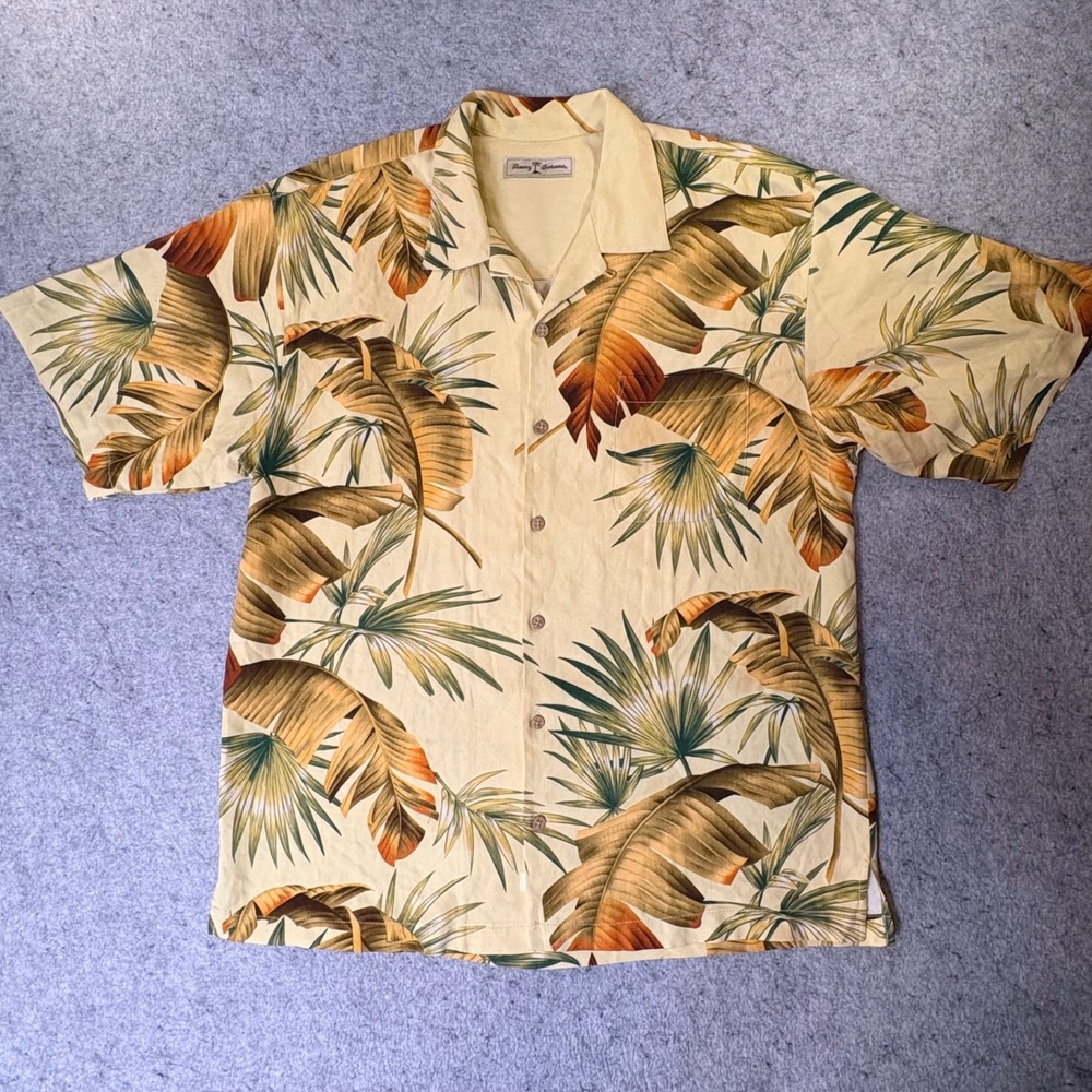 Tommy Bahama Mens Large 100% Silk Yellow Tropical Palm Leaf Camp Shirt L